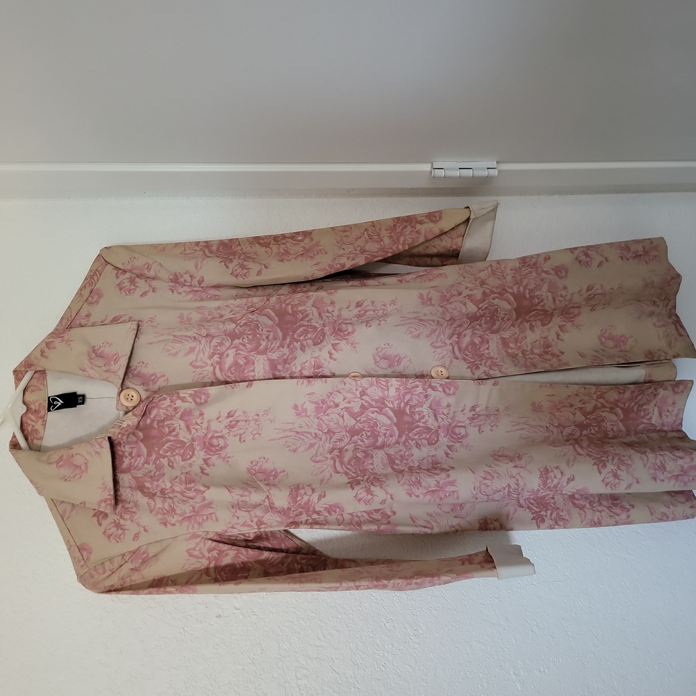 Vintage-styled rose print canvas trench, sz XS